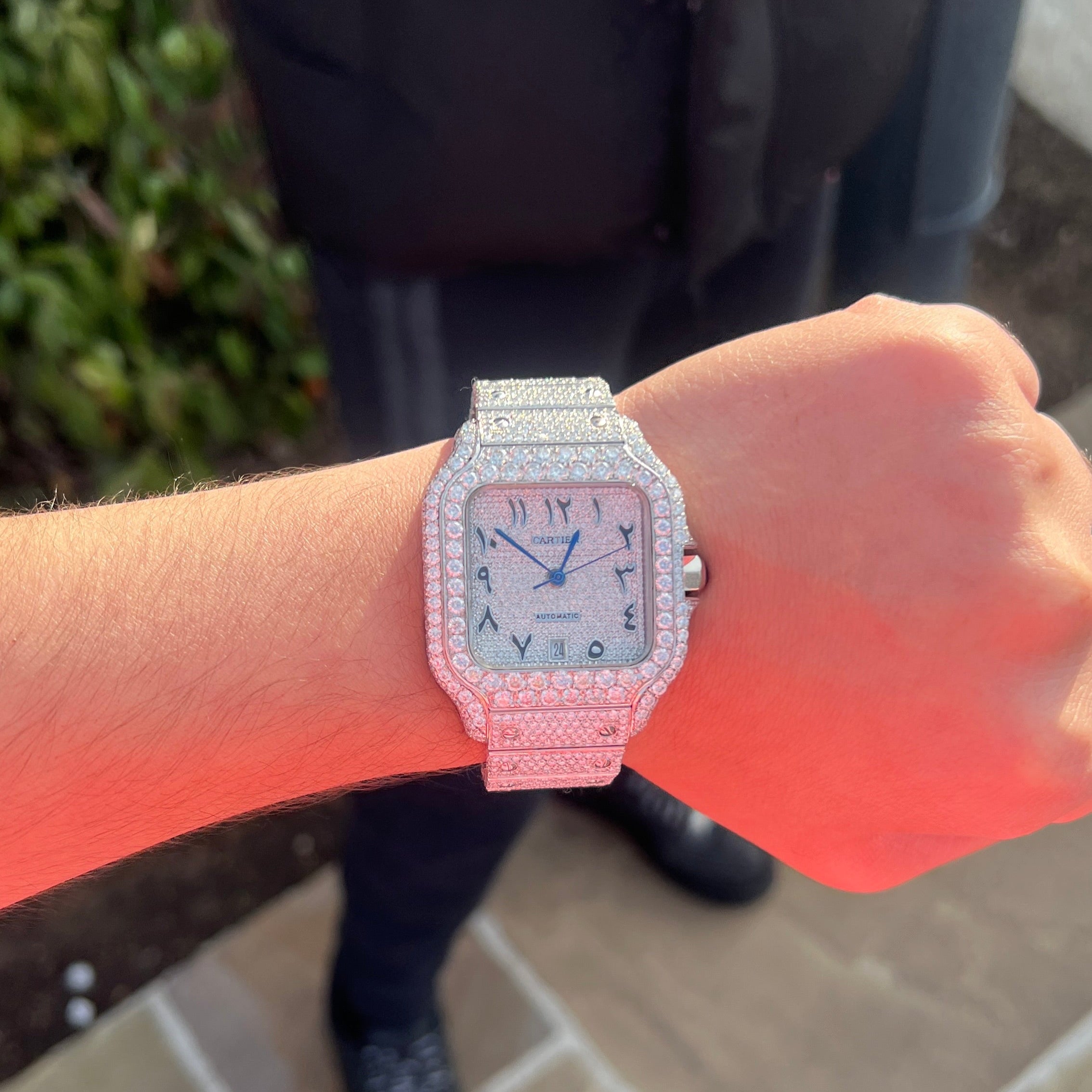 Cartier Santos de Cartier Fully Iced Out Custom Diamond Watch Arabic dial