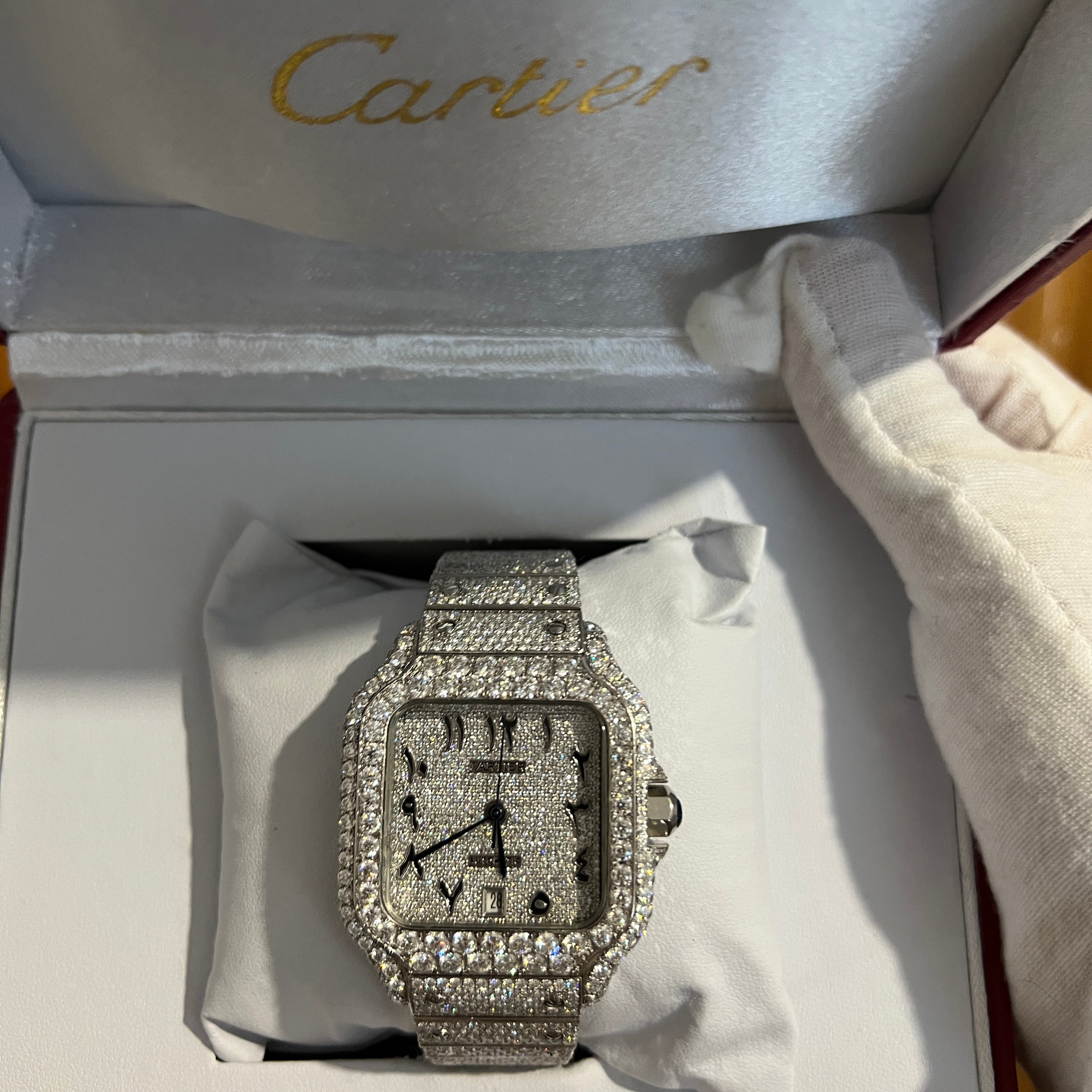 Cartier Santos de Cartier Fully Iced Out Custom Diamond Watch Arabic dial