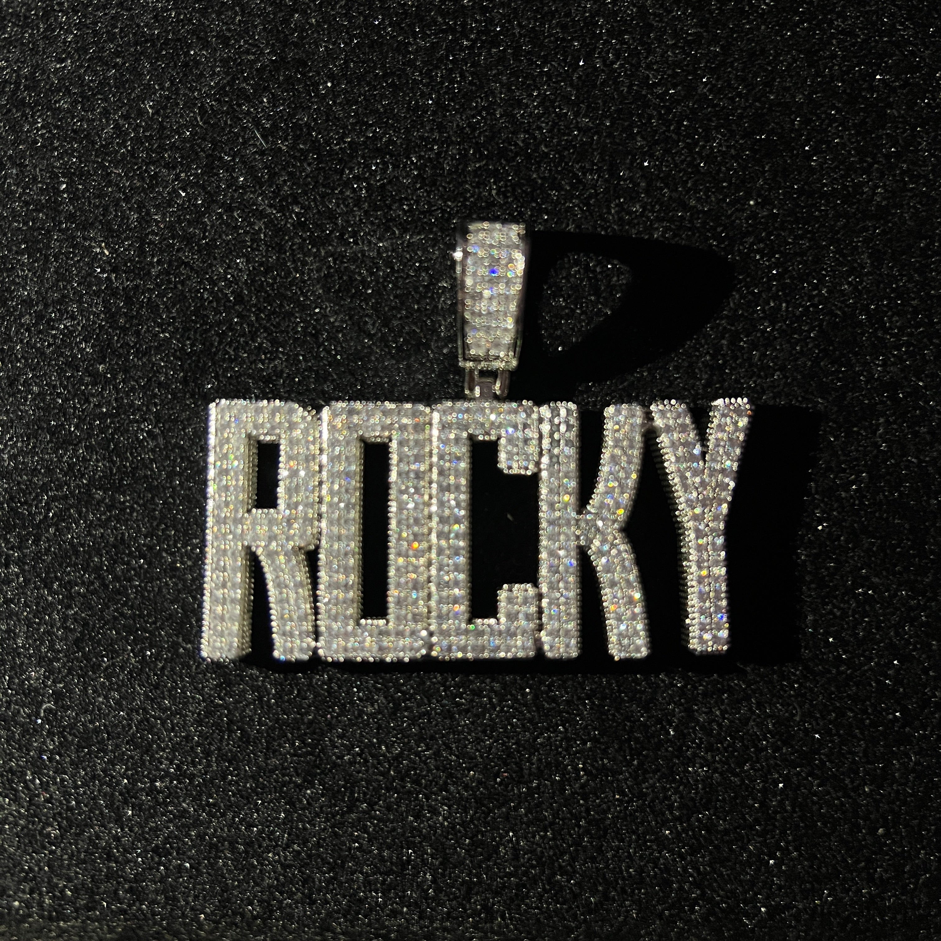 custom square name pendant, fully flooded + Free rope chain