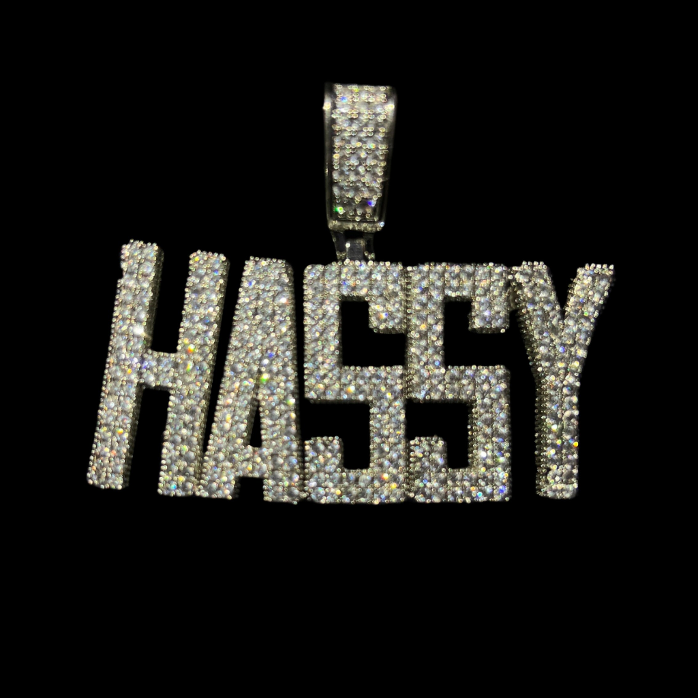 custom square name pendant, fully flooded + Free rope chain