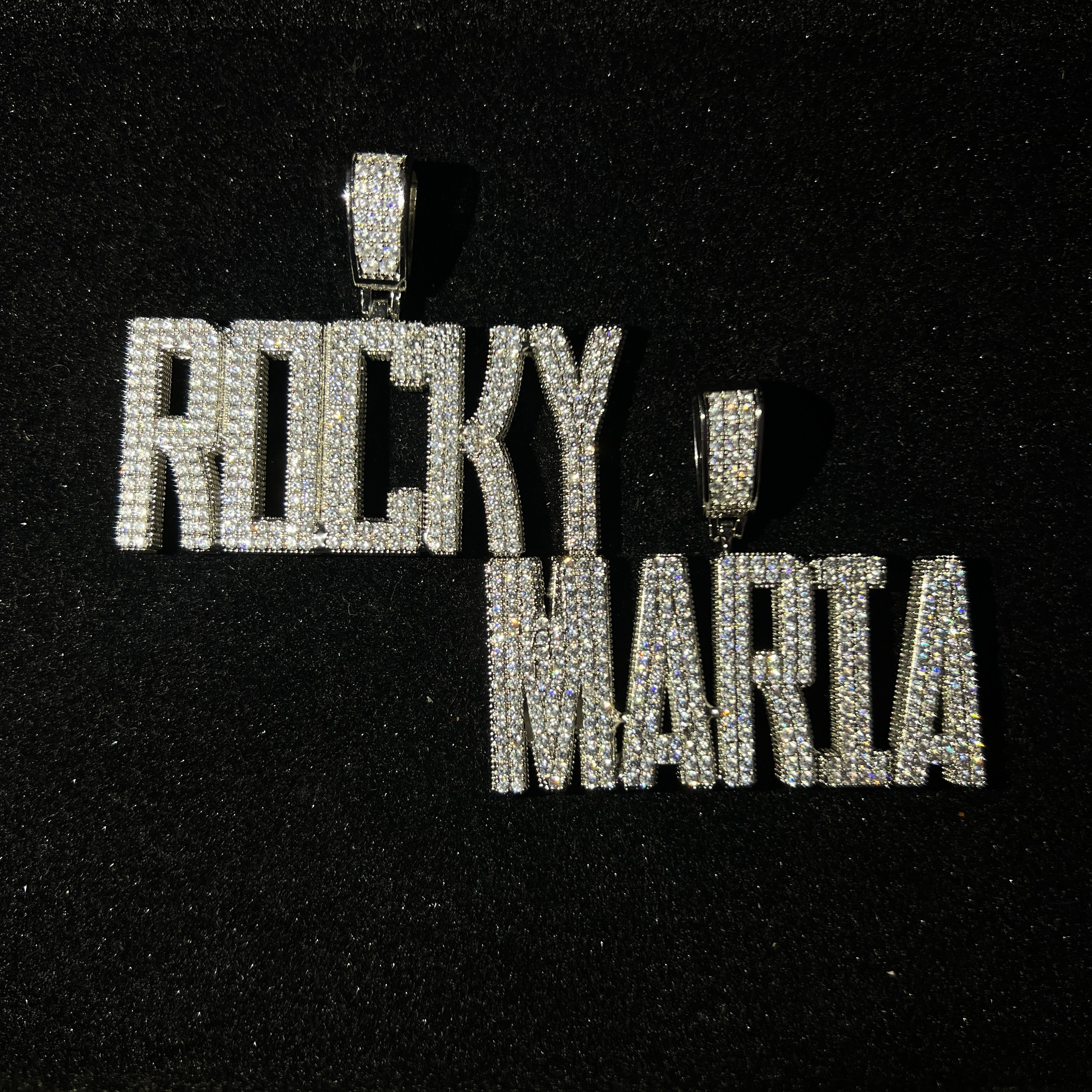 custom square name pendant, fully flooded + Free rope chain