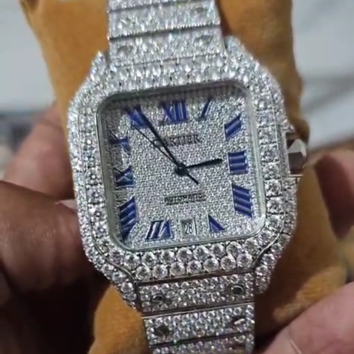 Cartier Santos Large Stainless Steel Watch with Custom Diamonds Pave Blue Roman Numeral Dial