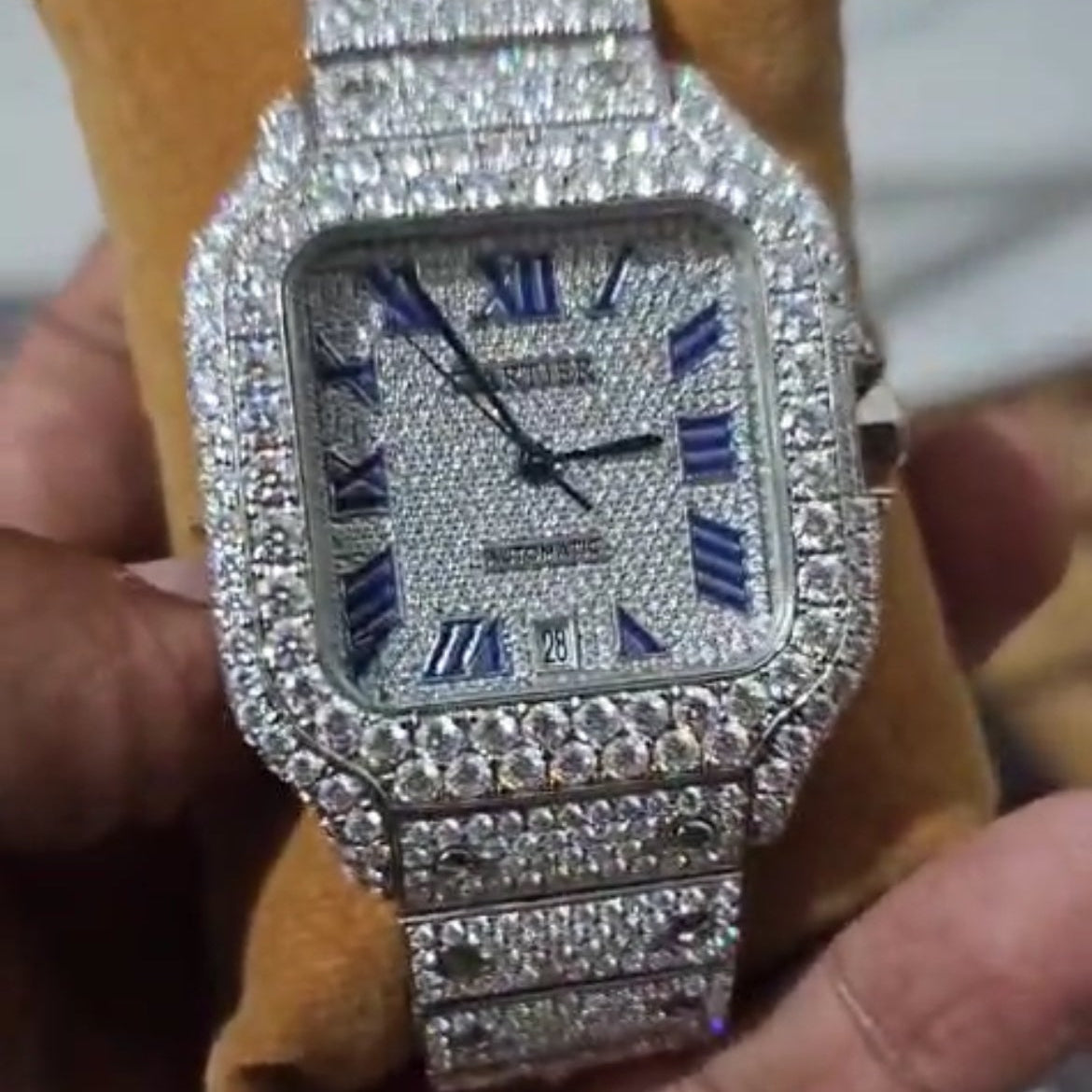 Cartier Santos Large Stainless Steel Watch with Custom Diamonds Pave Blue Roman Numeral Dial