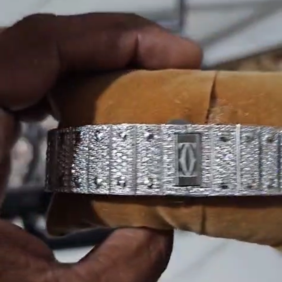 Cartier Santos Large Stainless Steel Watch with Custom Diamonds Pave Blue Roman Numeral Dial